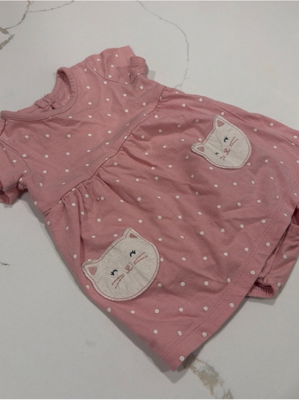 Carter's Pink Polka Dot Romper with Cat Pocket Appliqués
